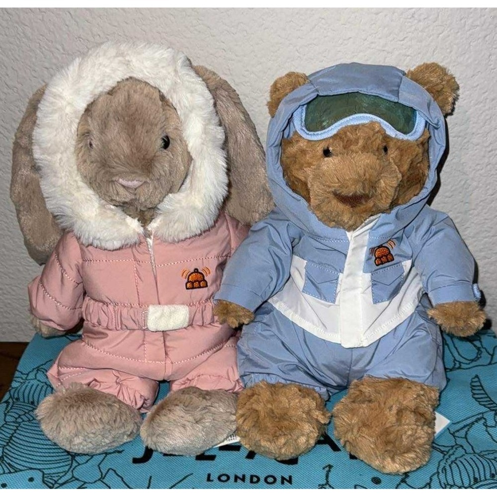 Jellycat Bartholomew Bear + Bashful Bunny Snow Suit Authentic RETIRED w Dust Bag